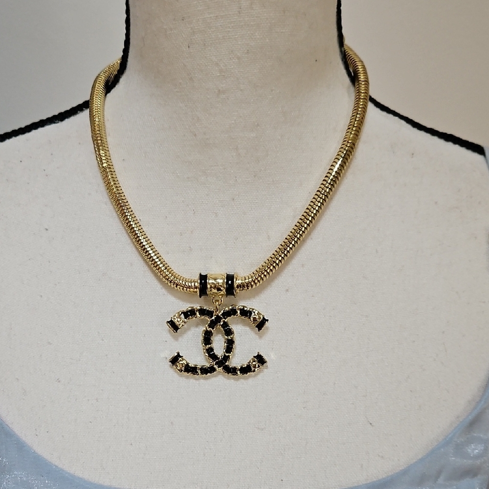 CHANEL LIKE Gold-Tone Necklace with Black-Trim Interlocking CC Pendant
